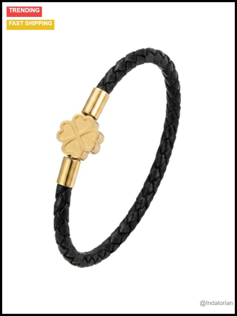 Braided Genuine Leather Bracelet 18K Gold Plated Lucky Clover Charm Unisex